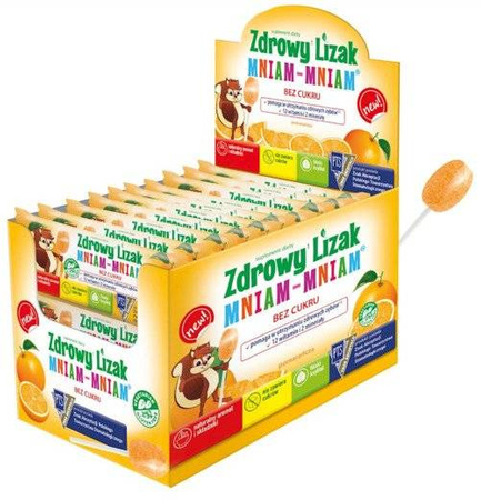 Zdrowy Lizak MNIAM-MNIAM pomarańczowy DISPLAY 40 sztuk + 5 szt. gratis mango